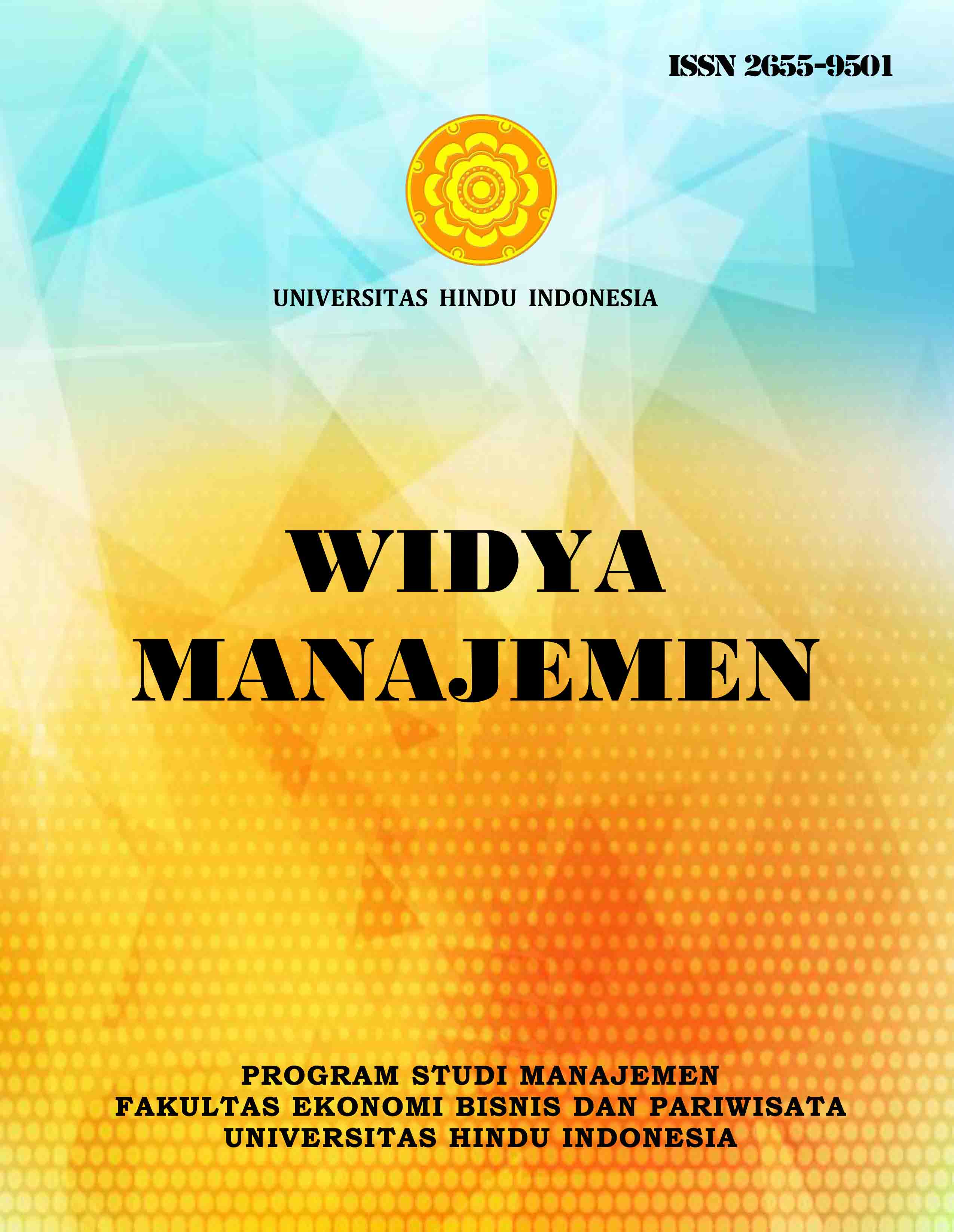 Widya Manajemen merupakan jurnal di bawah naungan Program Studi Manajemen Fakultas Ekonomi Bisnis dan Pariwisata Universitas Hindu Indonesia Denpasar sebagai wadah informasi ilmiah bidang manajemen baik itu manajemen pemasaran, manajemen SDM, manajemen keuangan, manajemen operasional, manajemen pariwisata dan kewirausahaan yang berupa hasil penelitian ataupun kajian pustaka. Jurnal Widya Manajemen terbit dua kali setahun Pebruari dan Agustus dengan maksimal tulisan yang dimuat adalah delapan tulisan per edisi.  Mulai terbitan Volume 6 Nomor 2 Tahun 2024, jumlah naskah atau tulisan yang dimuat adalah maksimal sepuluh tulisan per nomor.